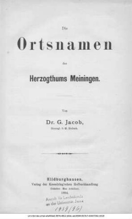 Die Ortsnamen des Herzogthumes Meiningen