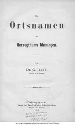 Die Ortsnamen des Herzogthumes Meiningen