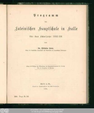 1884: Programm der Lateinischen Hauptschule in Halle : für d. Schuljahr ...