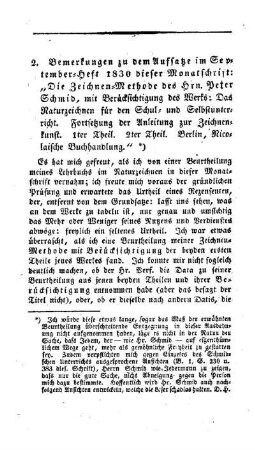 Bemerkungen zu dem Aufsatze im September-Heft 1830 dieser Monatschrift : "Die Zeichnen-Methode des Hrn. Peter Schmid, mit Berücksichtigung des Werks: Das Naturzeichnen für den Schul- und Selbstunterricht. Fortsetzung der Anleitung zur Zeichnenkunst. 1ter Theil. 2ter Theil. Berlin, Nicolaische Buchhandlung."