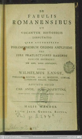 De Fabulis Romanensibus Ut Vocantur Historicis Disputatio