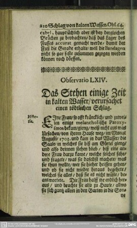 Observatio LXIV. Das Stehen einige Zeit in kalten Waser, verursachet einen tödtlichen Schlag