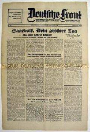 Nationalsozialistische Tageszeitung aus dem Saarland "Deutsche Front" zur Saar-Abstimmung