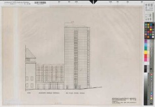 Arnsberg, Regierungshauptgebäude, Altbau, neugestaltete Südfassade Treppenhaus, neue Fassade Südgiebel Hochhaus, Südansicht