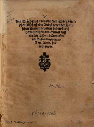 Anzoig wie allwegen ... sich die Römischen Bischöff, oder Bäpst gegen die teutschen Kayßern gehalten haben