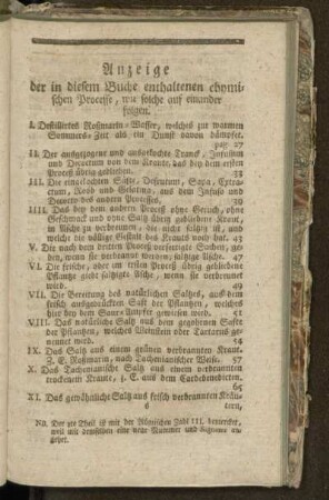 Anzeige der in diesem Buche enthaltenen chymischen Processe, wie solche aufeinander folgen