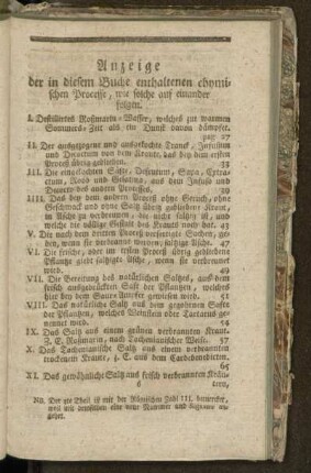 Anzeige der in diesem Buche enthaltenen chymischen Processe, wie solche aufeinander folgen