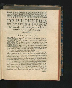 De Principum Et Statuum Evangelicorum Confessione, anno abhinc centesimo... Gratulatio.