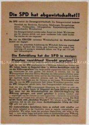 Propagabdaflugblatt der CSU zu den Bundestagswahlen 1949 mit einer Gegenüberstellung der marktwirtschaftlichen Politik der CDU/CSU und der sozialdemokratischen Wirtschaftspolitik