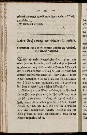 Ueber Erschwerung der Pferde-Diebstähle