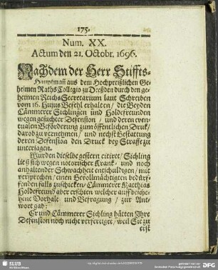 Num. XX. Actum den 21. Octobr. 1696