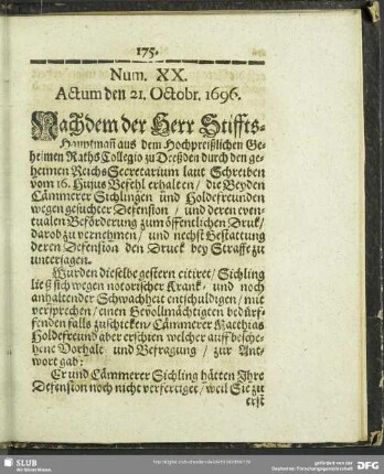 Num. XX. Actum den 21. Octobr. 1696