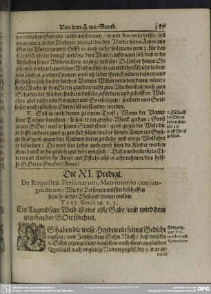 Die XI. Predigt. De Requisitis Personarum, Matrimonio conjungendarum; Wie die Personen müssen beschaffen seyn, so in den Ehestand tretten wollen