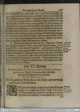 Die XI. Predigt. De Requisitis Personarum, Matrimonio conjungendarum; Wie die Personen müssen beschaffen seyn, so in den Ehestand tretten wollen