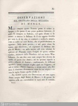 Osservationi Del Cavaliere D. Giuseppe Niccola De Azara Sul Trattato Della Bellezza Di Mengs.