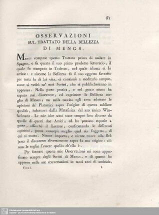 Osservationi Del Cavaliere D. Giuseppe Niccola De Azara Sul Trattato Della Bellezza Di Mengs.