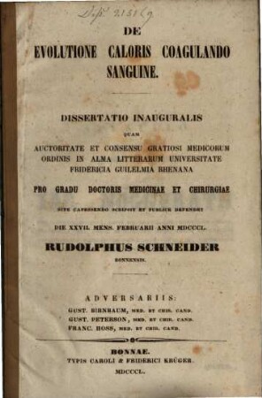 De evolutione caloris coagulando sanguine : dissertatio inauguralis