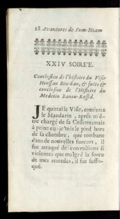 XXIV Soirée. Conclusion de l'histoire du Vizir Houssan-Ben-San, & suite & conclusion de l'Histoire du Medicin Banou-Rassid.