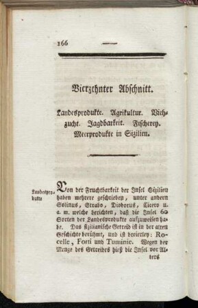 Vierzehnter Abschnitt. Landesprodukte. Agrikultur. Viehzucht. Jagdbarkeit. Fischerey. Meerprodukte in Sizilien.