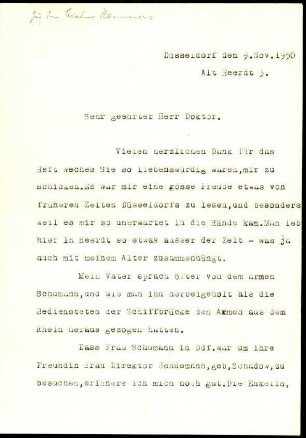 5-10-8-1.0000: Hammers, Ludwig, Oberbürgermeister von Düsseldorf; diverse Schreiben ff.: Maschinenschriftlicher Brief der Tochter von OB Hammers