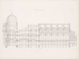 Neue Synagoge, Berlin: Längsschnitt (aus: Atlas zur Zeitschrift für Bauwesen, hrsg. v. G. Erbkam, Jg. 16, 1866)