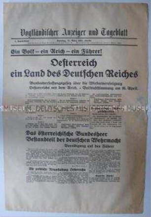 Sonderausgabe der regionalen Tageszeitung "Vogtländischer Anzeiger" zum "Anschluss" Österreichs