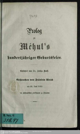 Prolog zu Méhul's hundertjähriger Geburtsfeier