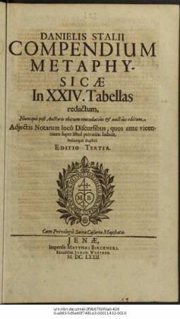 Danielis Stalii Compendium Metaphysicae In XXIV. Tabellas redactum