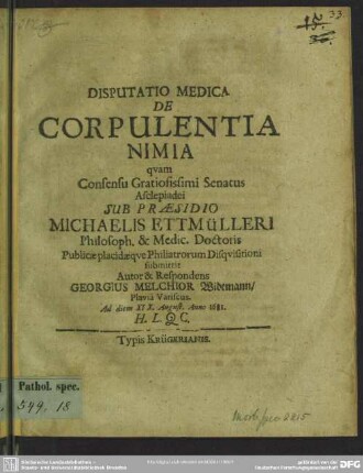 Disputatio medica de corpulentia nimia