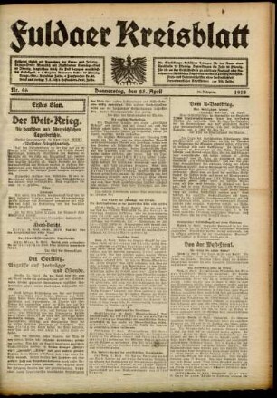 Erste Ausgabe vom Donnerstag, den 25. April 1918.