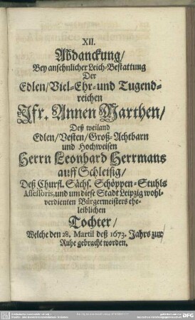 XII. Abdanckung, ... Jfr. Annen Marthen, deß ... Herrn Leonhard Herrmans ... Tochter