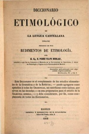 Diccionario etimológico de la lengua castellana : ensayo ; precedido de unos rudimentos de etimología