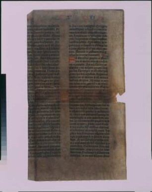 Textseite der 42zeiligen Bibel : Biblia. Blatt 1r (fol. 22r) der 42zeiligen Bibel. Mainz: J. Gutenberg, um 1452/1455. Dreifarbendruck auf Pergament, ca. 36 x 21 cm; Dresden: SLUB Ink.1068