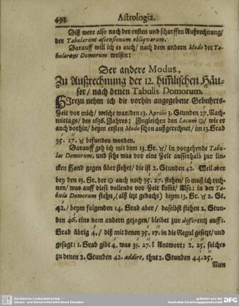 Der andere Modus, Zu Außrechnung der 12. himmlischen Häuser /