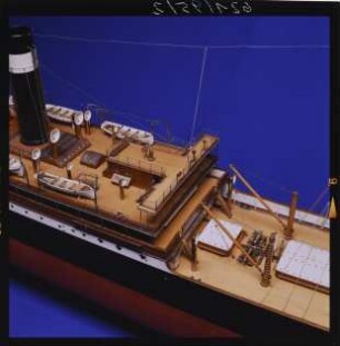 Vollmodell des deutschen Dampfschiffes "Osiris", 1910, Maßstab 1:50, Detailansicht (Sonderausstellung "Aufgetaucht", 1996)