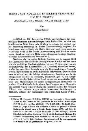 Hamburgs Rolle im Interessenkonflikt um die ersten Auswanderungen nach Brasilien