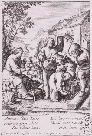 Hl. Familie, Joseph u. Jesus beim Spalten e. Baumstammes, 16. Jh.