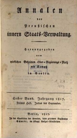Annalen der preußischen innern Staats-Verwaltung. 1, 3/4. 1817