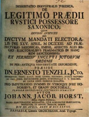 Diss. inaug. iur. de legitimo praedii rustici possessore Saxonico