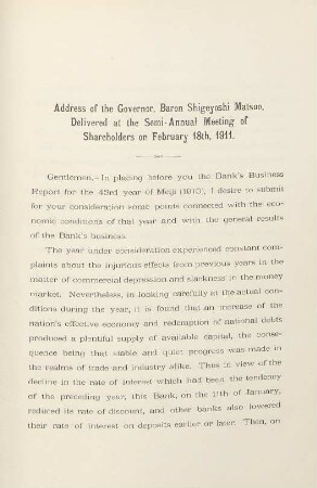 Address of the Governor, Baron Shigeyoshi Matsuo, delivered at the Semi-Annual Meeting of Shareholders on February 18th, 1911