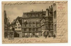 "Gruß aus Heilbronn", "Partie am Fleinerthor" - Fleinertor-Brunnen mit Heilbronnia, Apotheke beim Fleinertor (Fleiner Straße 4) und Wäschehaus Pilger (Fleiner Straße 6, ab 1904 Kaufhaus Palm)