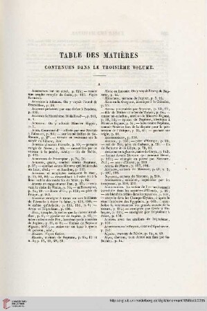 Table des matières contenues dans le troisième volume