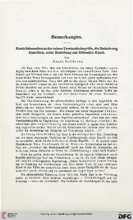 Kants Schematismus der reinen Verstandesbegriffe, die Umkehrung desselben, seine Beziehung zur bildenden Kunst