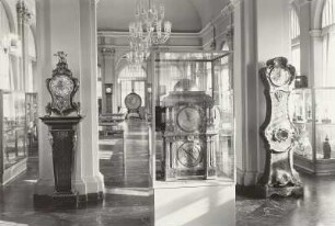 3 Uhren: links Pendule in Boulle-Technik auf Sockel, Imitation vom Anfang des 19. Jh. & Mitte: Astronomische Kunstuhr, vergoldet, mit silbernem Sternglobus und 8 großen und 1 kleinen Ziffernblatt (für die Sternbewegungen) & rechts Standuhr