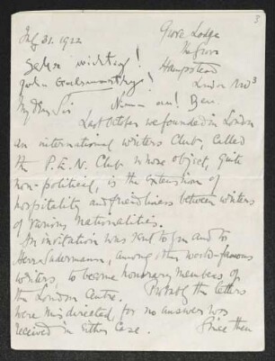 Brief von John Galsworthy und Unbekannt an Gerhart Hauptmann