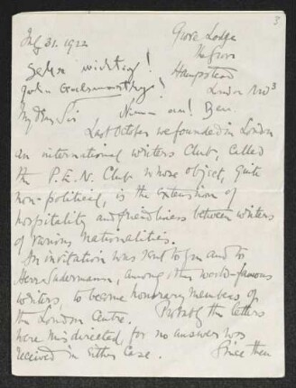 Brief von John Galsworthy und Unbekannt an Gerhart Hauptmann