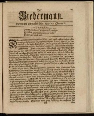 Sieben und Achtzigstes Blatt 1729 den 3. Januarii