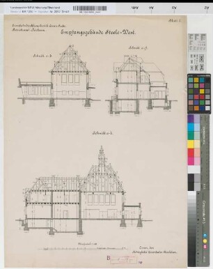 Empfangsgebäude [Bahnhof] Steele-West, Blatt~2: Schnitte, M.~1:100 Hge, Sknr.: 1, Fanr.: 13, Bunr.: 3