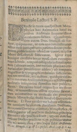 Benivolo Lectori S. P.