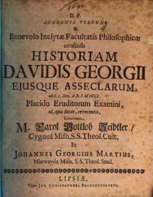Historiam Davidis Georgii eiusque asseclarum ...
